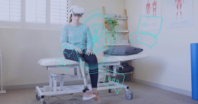Using VR headset and prosthetic leg woman training on bench in rehab clinic with holographic icons - Powered by Adobe