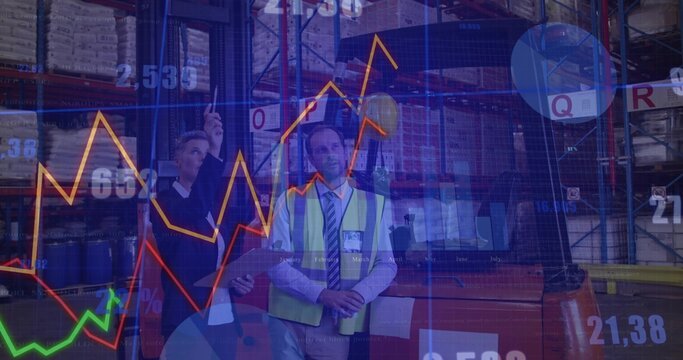 Woman in blazer and man in vest analyzing inventory in warehouse, with tablet and data overlays