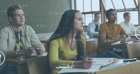 Writing teen at wooden desks by windows chalkboard with notebooks pens textbooks grid overlay © vectorfusionart