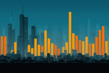 Obraz premium Silhouette of city skyline with tall buildings in foreground, vibrant orange and yellow vertical bars rising among skyscrapers, abstract representation of urban growth and data visualization