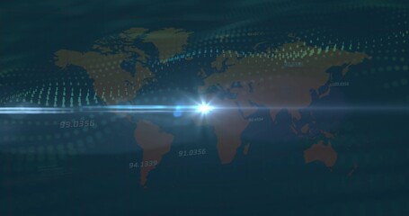 Displaying holographic world map on dashboard with data dots, numeric labels and lens flare