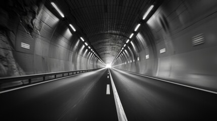 A black-and-white photograph of an empty tunnel with a bright light at the end creates a sense of perspective and uncertainty. Suitable for articles on travel, the symbolism of life's journey,  