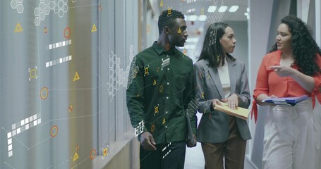 Walking business team navigating office hallway holding notepad and folder with hexagon overlays