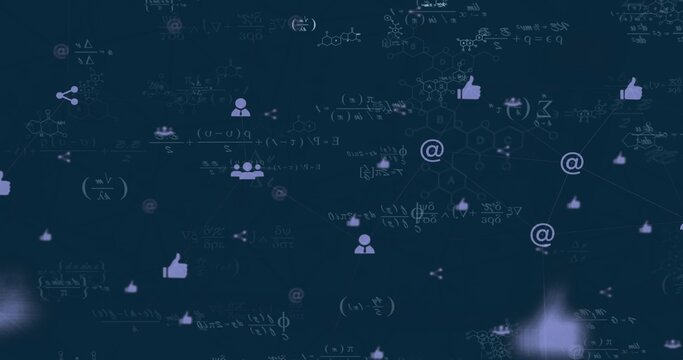 Displaying thumbs-up at-sign user-icons in digital space with network lines and chemical diagrams