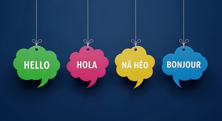 Colorful speech bubbles with 'Hello' in various languages, symbolizing global communication, cultural diversity, and language learning against a deep blue background