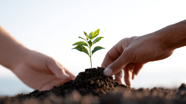 A small tree is planted in the ground by two hands, one belonging to a child and another adult. The background shows a clear sky with no clouds visible.
