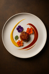 Artistic Fine Dining Dessert with Edible Flowers and Colorful Sauces