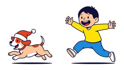 Joyful Run: A delightful illustration captures a young boy and a playful dog in mid-leap, both radiating joy and excitement in a scene of boundless energy.