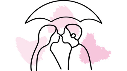 Couple Kissing Under An Umbrella With Brush Strokes symbolizing leaning single line