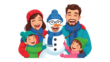 Family Joy in Winter Wonderland: A happy family is creating a snowman, filled with smiles and laughter, against a winter background. 