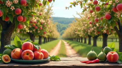 Abundant peach orchard with freshly picked fruit displayed