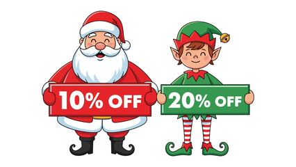 Holiday Discount Duo: Santa and elf presenting discount sign during the festive season.