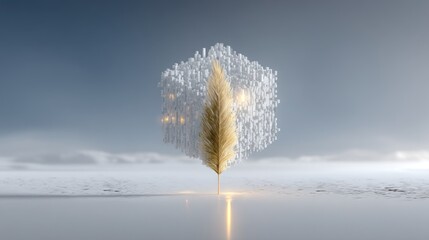 A majestic golden ship navigates through a serene frozen landscape.