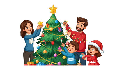Family Christmas Decorating: A happy family gathered around a beautifully decorated Christmas tree, adorning it with festive ornaments. Capture the spirit of the season.