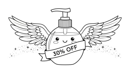 Soothing Soap: A whimsical illustration of a soap dispenser, complete with angel wings and the promise of a 30% discount.