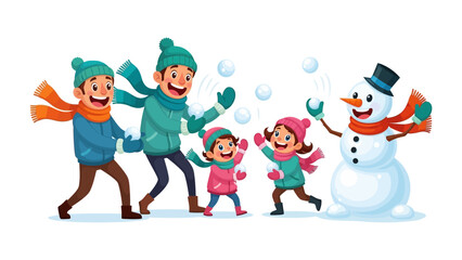 Joyful Snowball Fight: A lively family engages in a spirited snowball fight near a charming snowman, evoking the pure fun and delight of a winter day. 