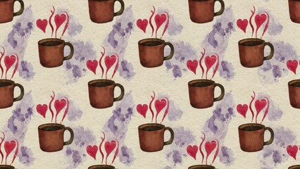 Fototapeta premium Seamless watercolor pattern with cups with heart