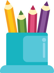 Four colorful pencils inside blue pen holder standing on desk, ready for drawing and sketching