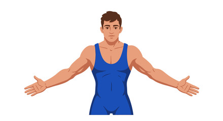 A muscular male wrestler in a blue singlet with his arms outstretched to the sides, isolated on a white background.