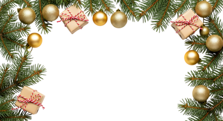 Elegant Christmas banner composed of fir branches, golden ornaments, and rustic gift boxes