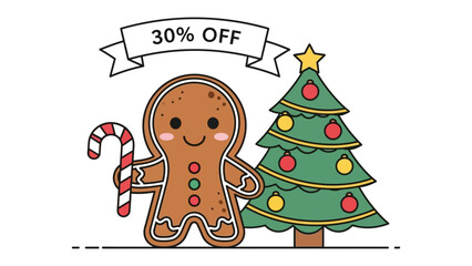 Festive Offer: A gingerbread person joyfully embraces the holiday spirit, accompanied by a charming christmas tree, embodying the festive season with a prominent '30% off' offer.