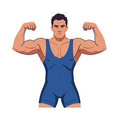 A strong, muscular wrestler in a blue singlet flexing his biceps on a white background.