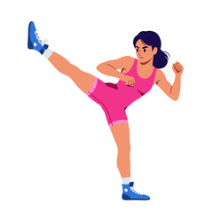 A determined young woman in a pink leotard and blue boots executes a powerful high kick during a martial arts workout.