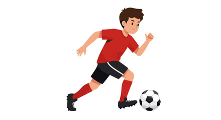 Cartoon illustration of a young boy in a red jersey playing soccer and dribbling the ball.