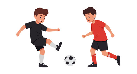 Two young boys in sportswear playing a game of football, isolated on a white background.