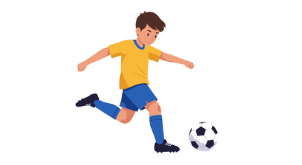 Cartoon illustration of a young boy in a yellow and blue sports uniform kicking a soccer ball.