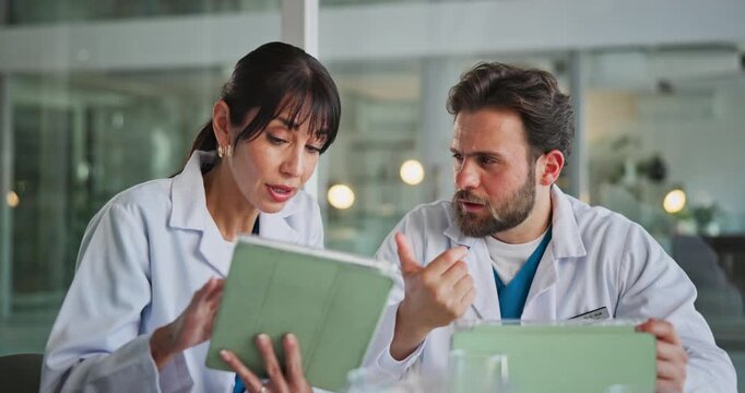 People, doctor and meeting with tablet for medical procedure, planning or strategy in hospital. Woman, man or healthcare workers with technology for research, health study or schedule in clinic