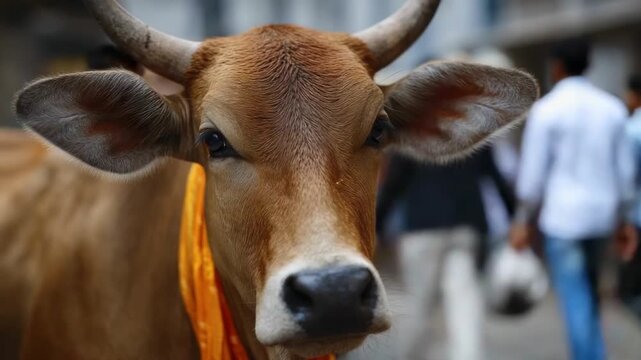 A close-up of a brown bovine with horns large ears and an orange sash around its neck set against a blurred background of people