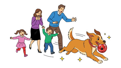 Family Bonding: A delightful scene of a family's joyous interaction with their playful canine companion, embodying the warmth and love of togetherness. 
