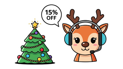 Festive Christmas Deer: An adorable cartoon deer, sporting headphones and antlers, alongside a decorated Christmas tree with a star topper, offers a special discount, spreading holiday cheer.