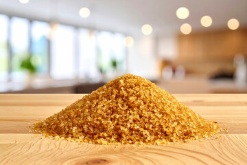 A close-up view of a pile of brown sugar on a wooden surface.