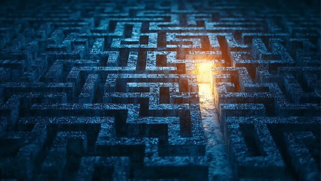 A detailed view of a dark maze with a single light emanating from the exit point, symbolizing a journey of problem-solving
