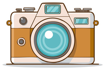 Camera illustration with brown body and blue lens captures vintage photography tools with details