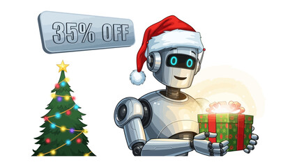 Robot's Christmas Surprise with 35% Off: A festive robot, adorned in a santa hat, unveils a glowing gift, alongside a Christmas tree and a promotional banner for a 35% discount.