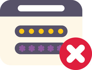 Website login form showing invalid password attempt with a red cross mark icon, concept for failed login attempt, wrong password input
