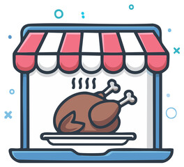 Cartoon icon of online food ordering with a hot roasted chicken in a laptop storefront