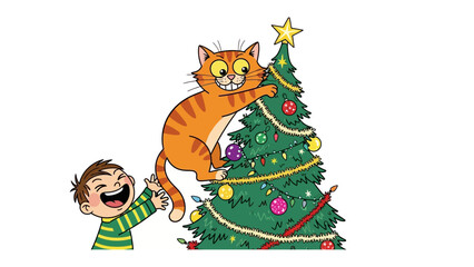 Mischievous Cat on Christmas Tree: A vibrant illustration of a young boy and a playful cat engaged in decorating a festive Christmas tree. Capturing a light-hearted holiday spirit.