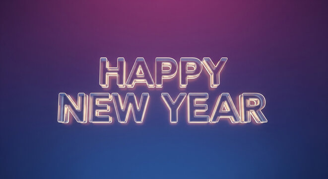 3D rendered text "Happy New Year" with a glowing neon light effect against a duotone gradient background of pink and blue for holiday celebration