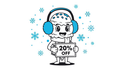 Cool Deal Announcement: An animated ice cream cone, bundled in winter wear and holding a sign with a price reduction, inviting buyers to make the purchase
