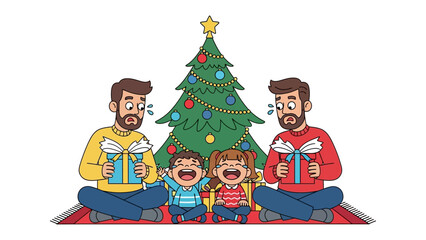 Joyful Christmas Gathering: A heartwarming illustration of a family, with a decorated Christmas tree, gathers to share the joy of gift-giving and festive cheer.