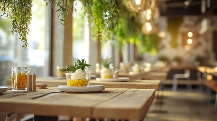 Stylish restaurant interior showcasing elegant table settings with corn appetizer, perfect for food blogs and restaurant promotions with a modern aesthetic