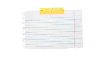 Torn piece of blank lined notebook paper attached with yellow tape on a white background