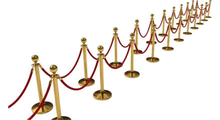 An elegant pathway created by gold stanchions and red velvet rope barriers for an exclusive premiere