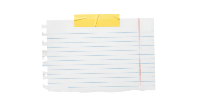 Torn piece of blank lined notebook paper attached with yellow tape on a white background