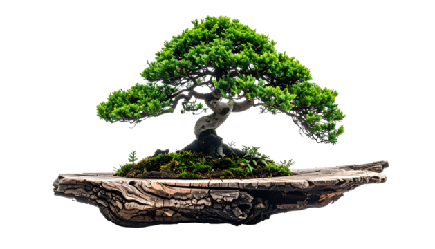 A miniature tree, meticulously pruned, rests on a rustic wood base, against a dark backdrop