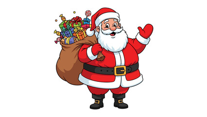 Santa's Merry Delivery: A jolly figure, bearing gifts galore in a large sack, joyfully extends a welcoming hand, embodying the spirit of generosity.